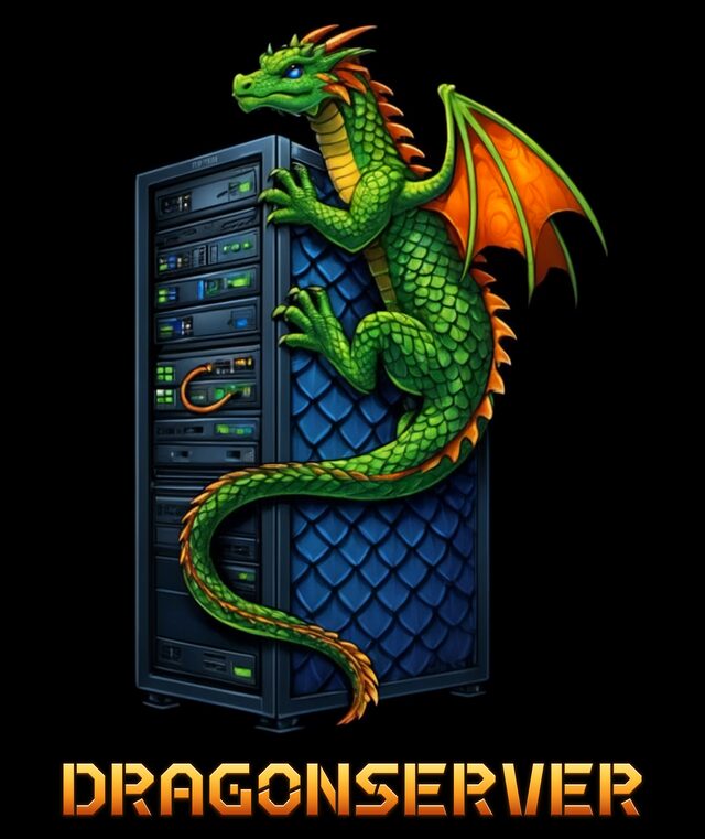 Dragonserver mascot: a blue-eyed green dragon with orange wings climbing a server rack, above the word DRAGONSERVER